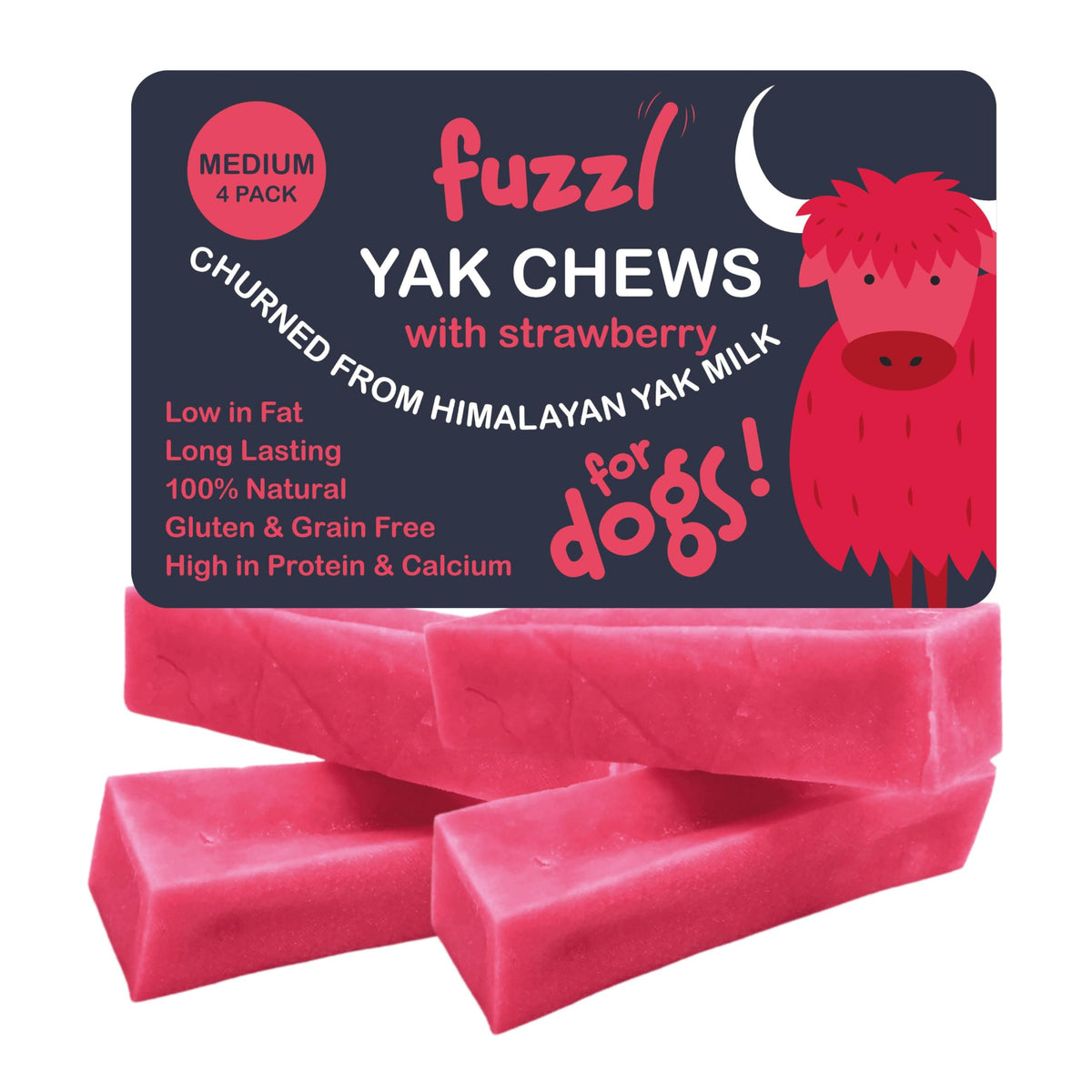Fuzzl Yak Cheese Himalayan: masticables de fresa para perros apoyando la higiene dental y la ocupación