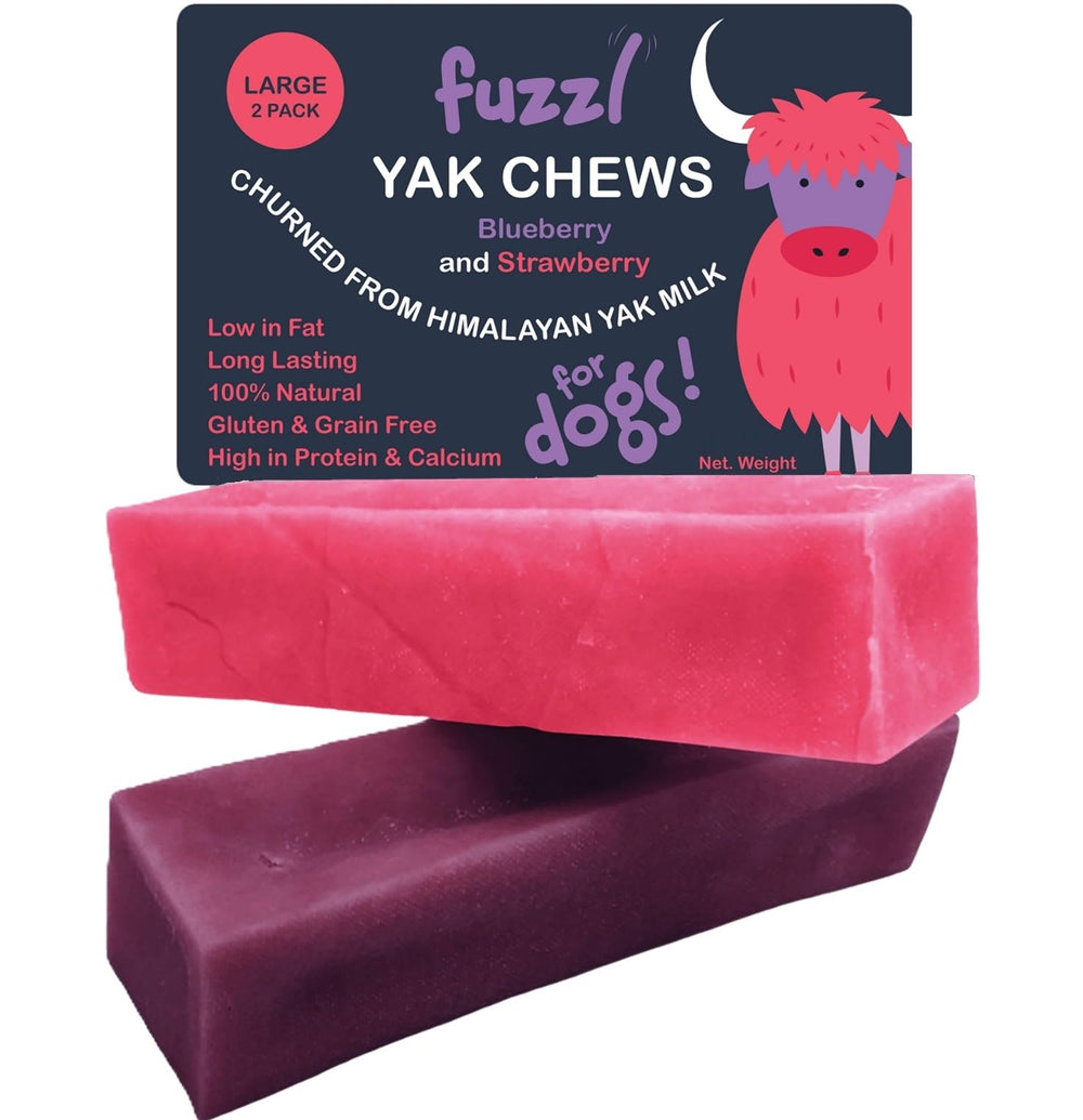 Fuzzl Yak Chews: dos-paquetes de masticables naturales con arandano y fresa para perros.