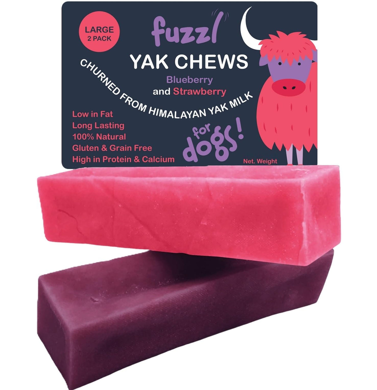 Fuzzl Yak Chews: dos-paquetes de masticables naturales con arandano y fresa para perros.
