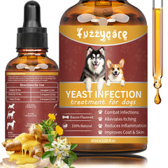 La botella de gotas de Fuzzycare para tratamiento natural de levadura en perros.