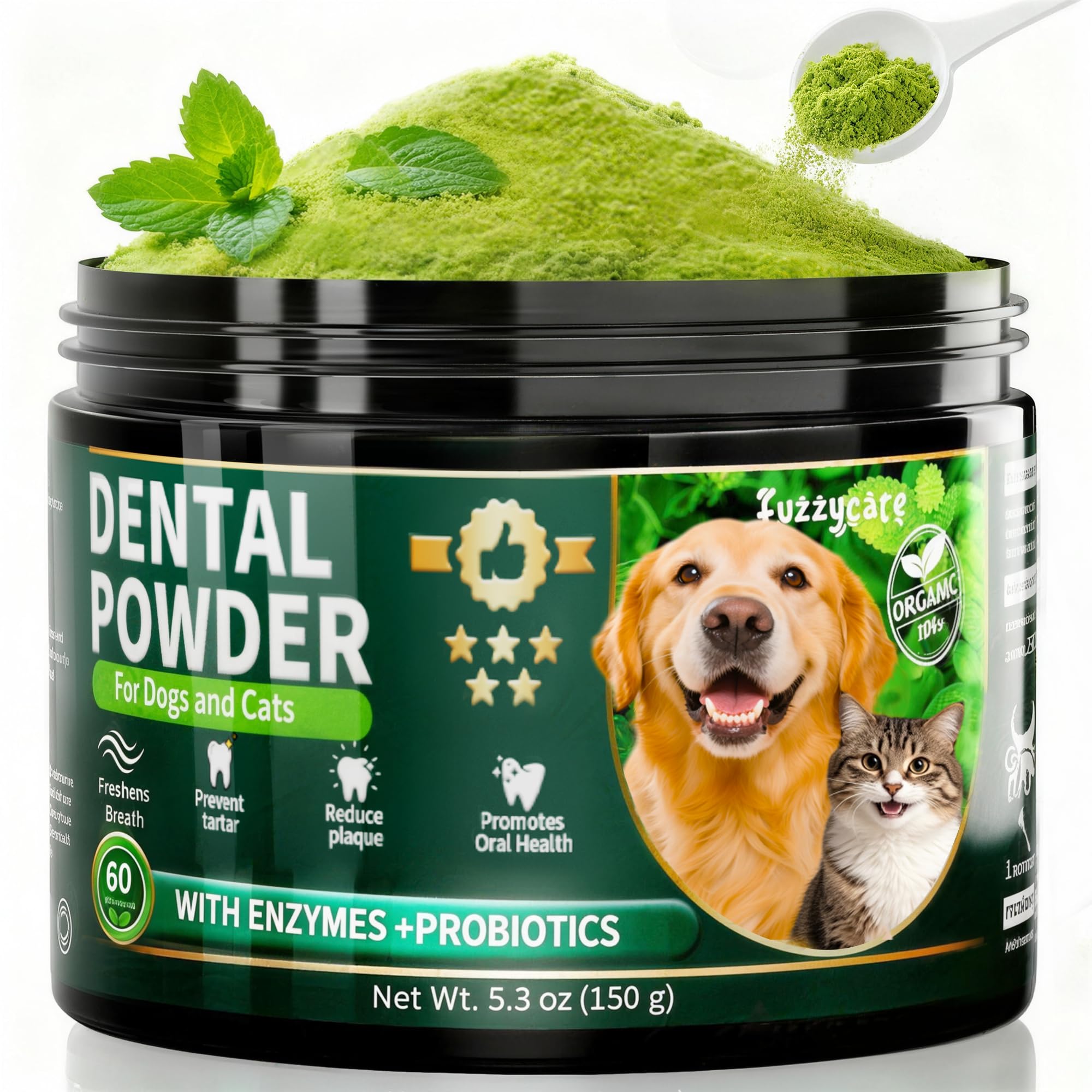 Fuzzycare polvo dental para perros en botella, cuidado bucal diario.