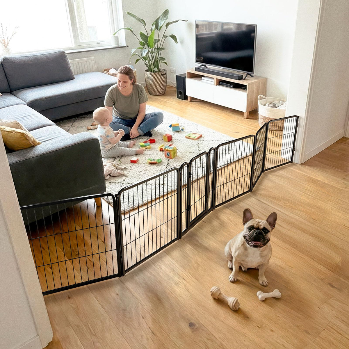 FXW barrera para perros en instalación interior con paneles metálicos.