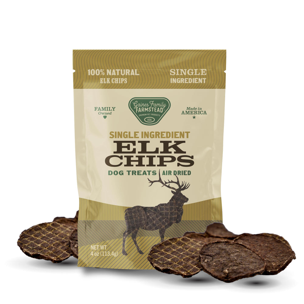gaines family farmstead elk chips para perros, snack proteico para entrenamiento.