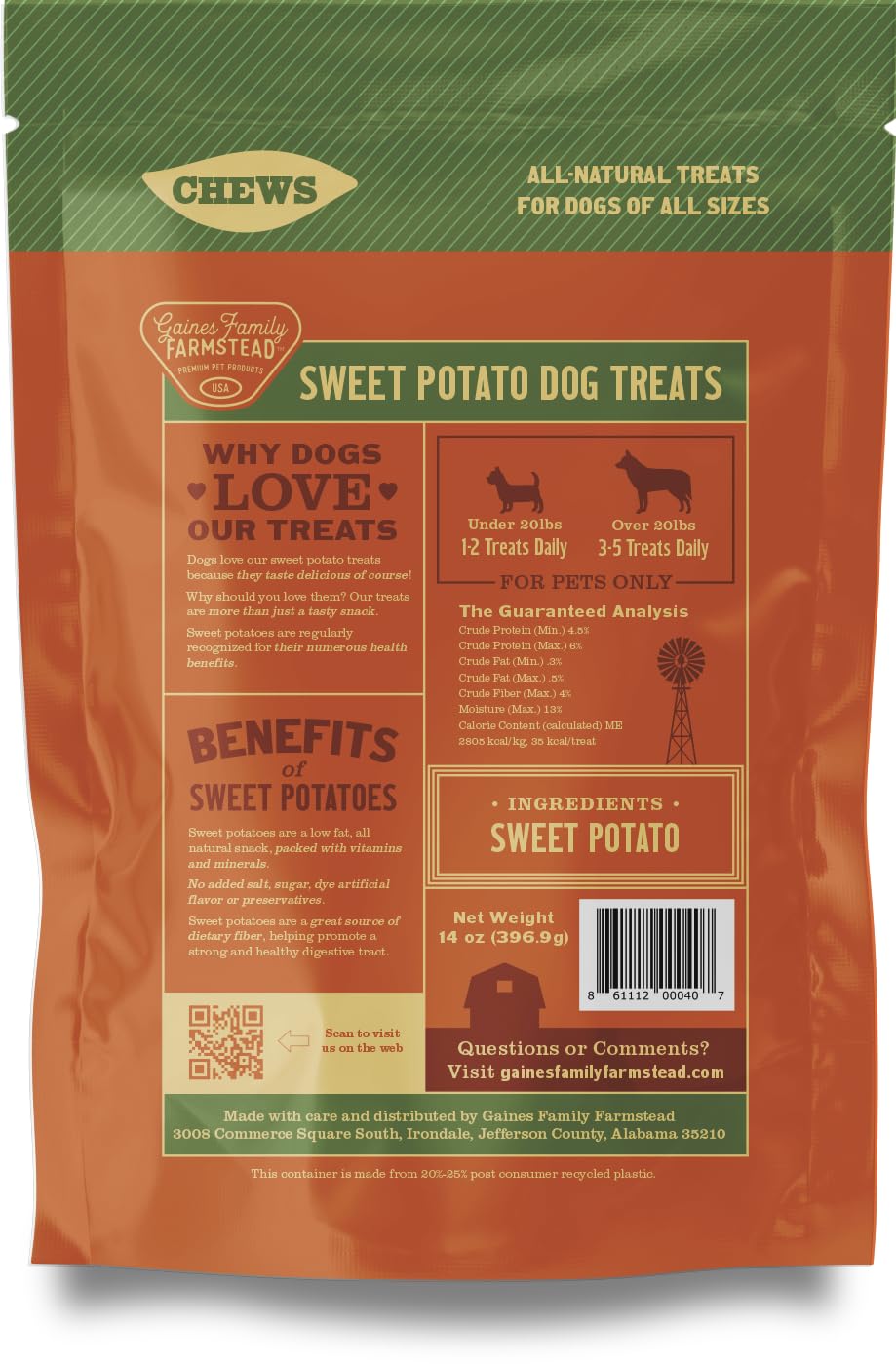 Gaines Family Farmstead Sweet Potato Chews alternativa sin cuero crudo para perros