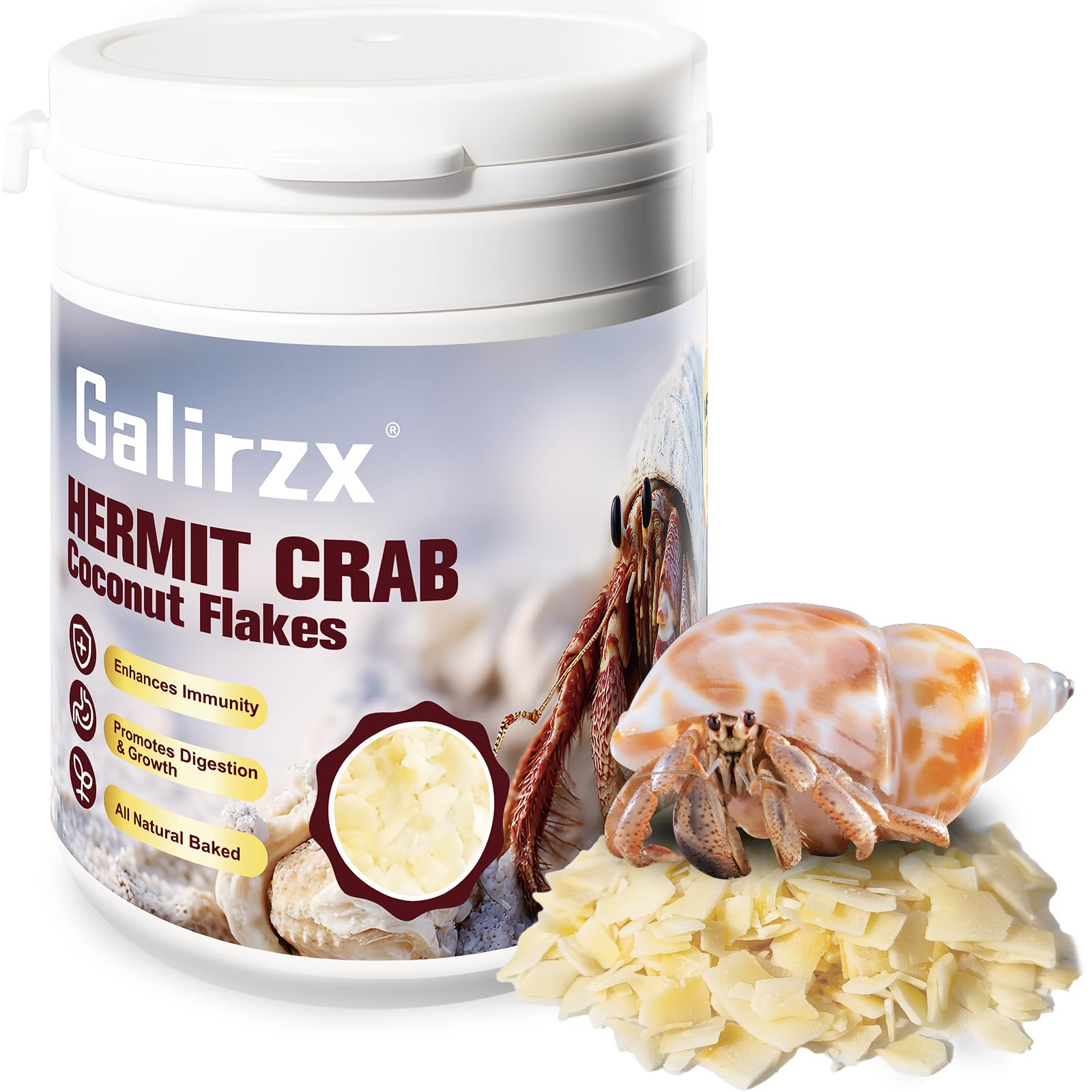 Galirzx alimento para cangrejos ermitaños con coco horneado, snack crujiente.
