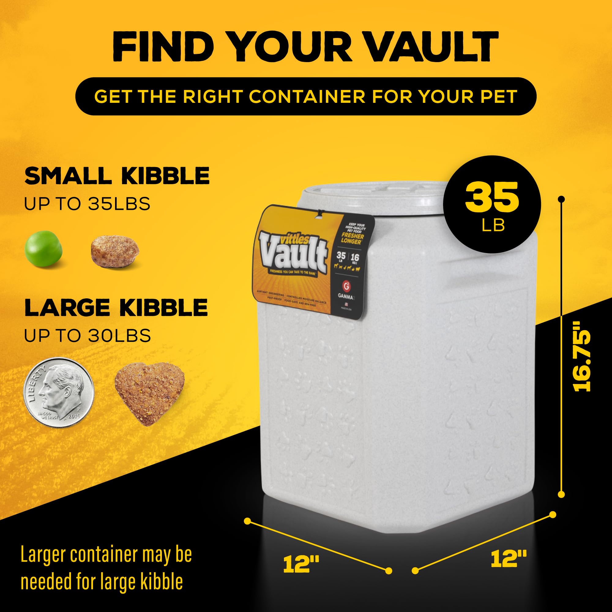 Gamma2 Vittles Vault muestra su capacidad de 35 libras para alimentos secos.