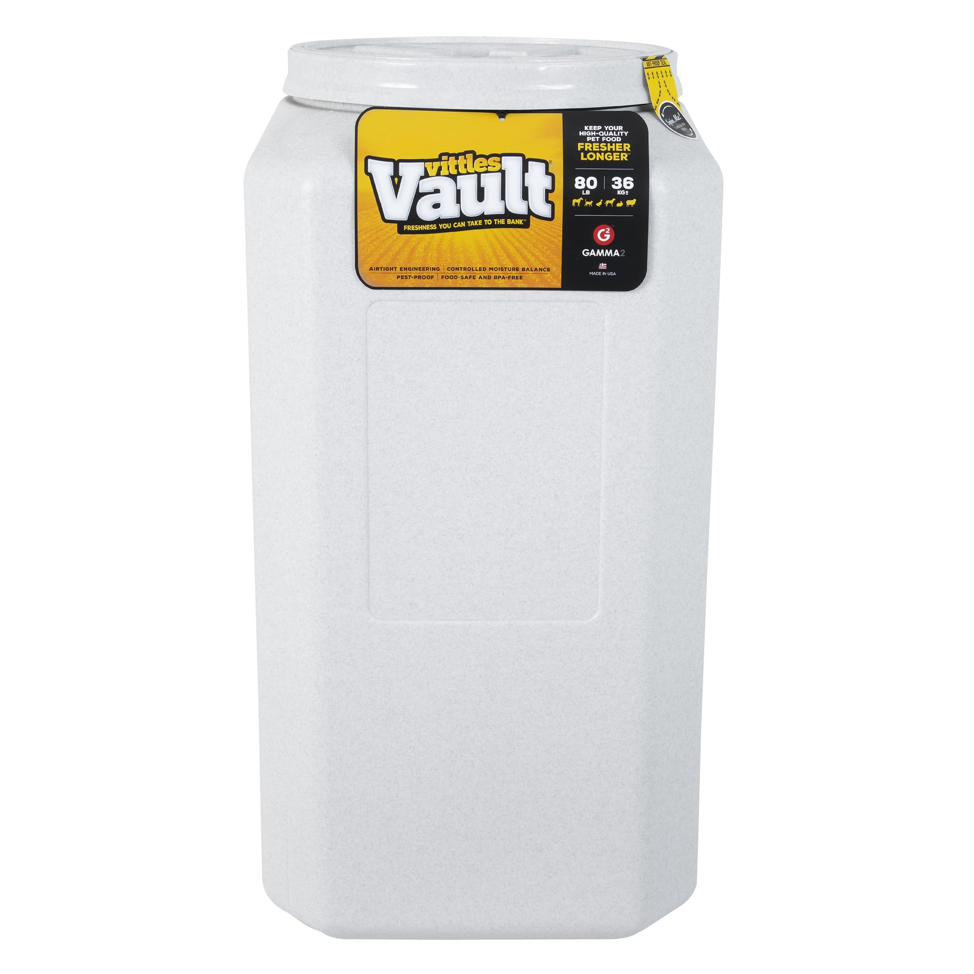 Gamma2 Vittles Vault muestra tapa hermética para sellar comida de mascotas y evitar olores