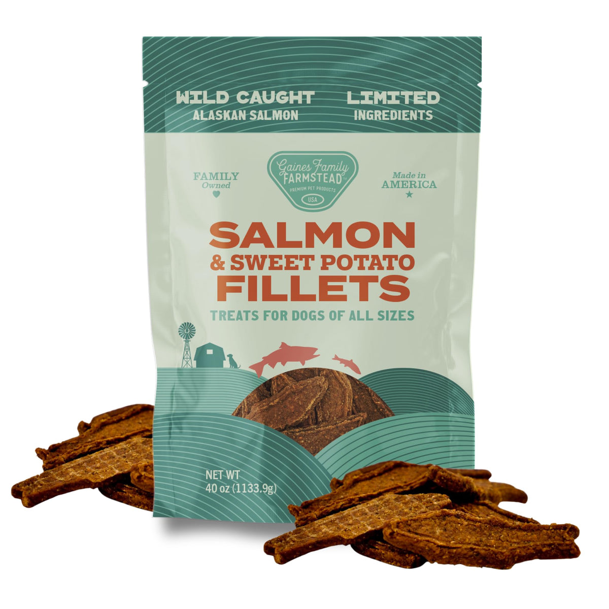 Gaines Family Farmstead filetes salmon patata dulce para perros, snack natural y sabroso.