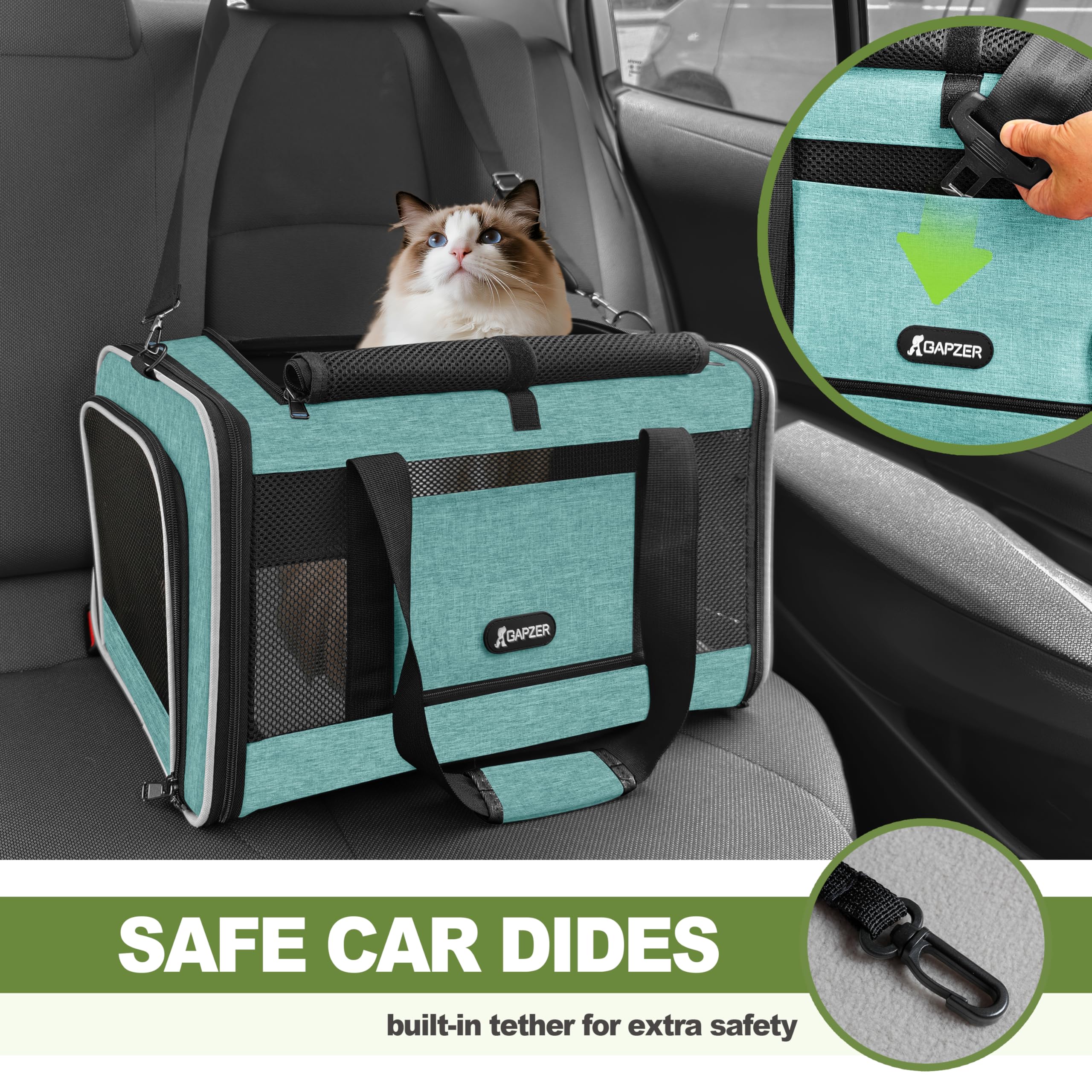 GAPZER transportín para gatos turquesa, bolsillo lateral para accesorios