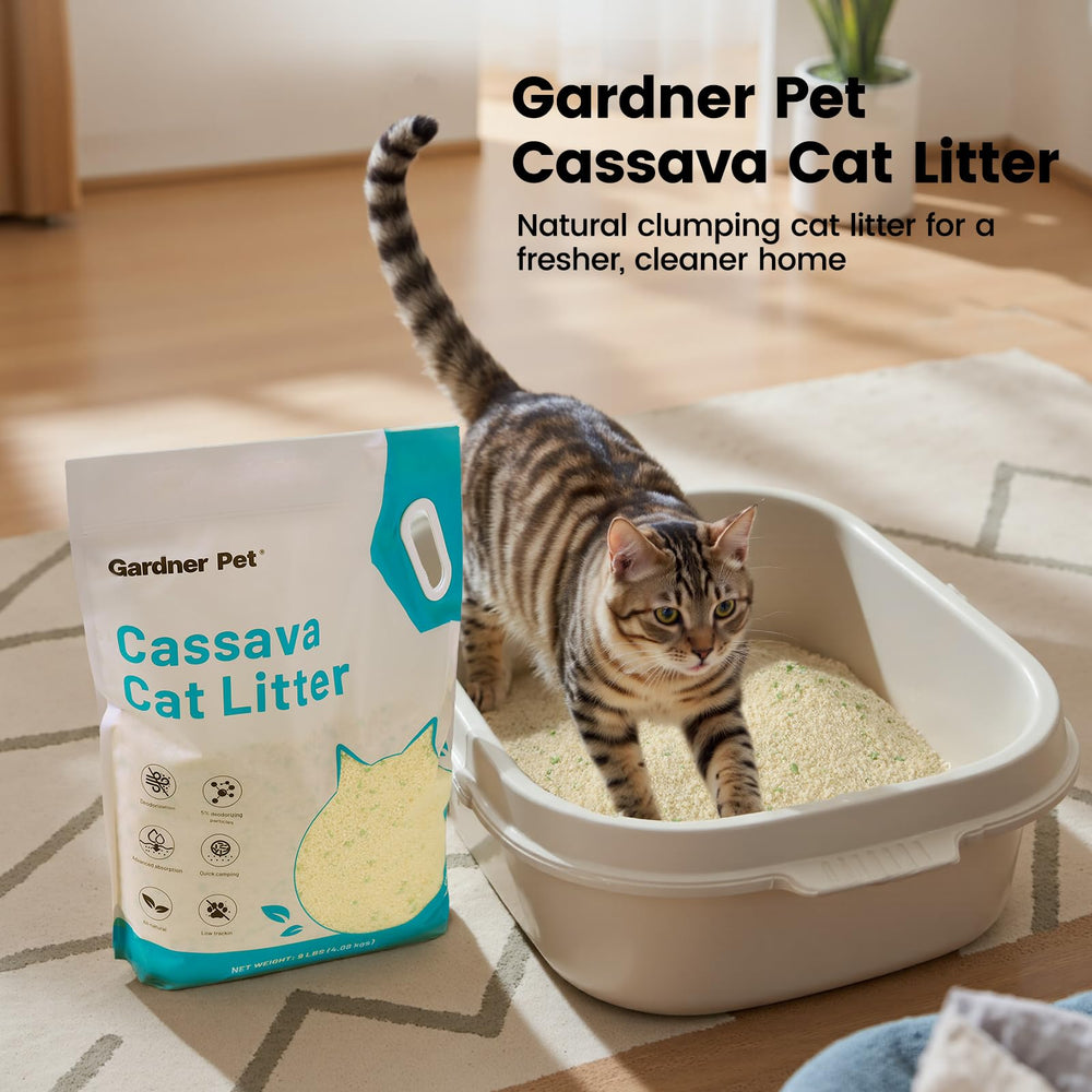 Gardner Pet Cassava Cat Litter: presentación de dos paquetes de 9 lb.