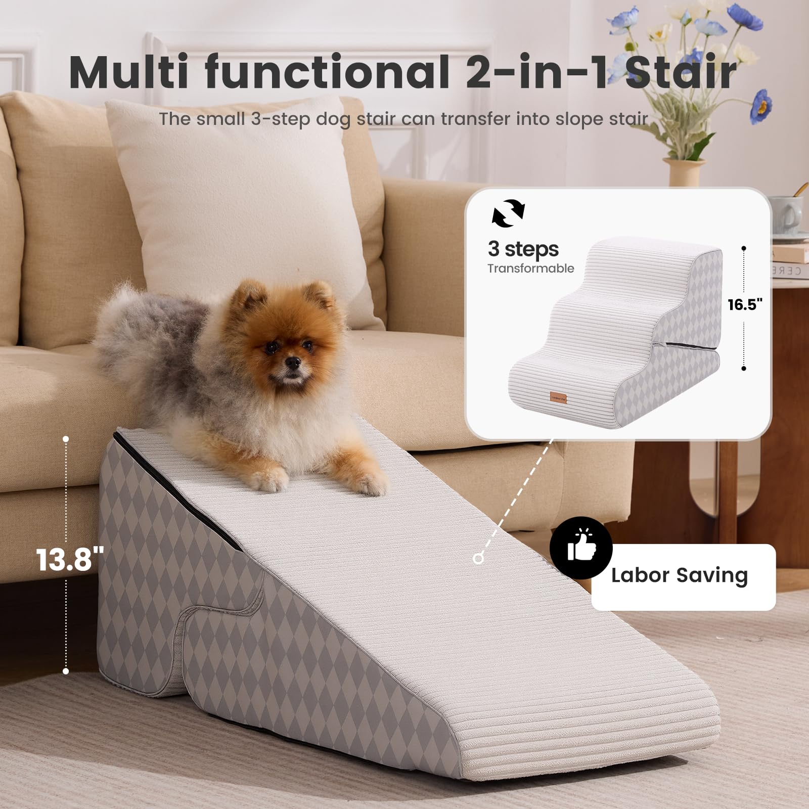Gardner Pet diseño 2 en 1, escalera y rampa para mayor comodidad de la mascota.