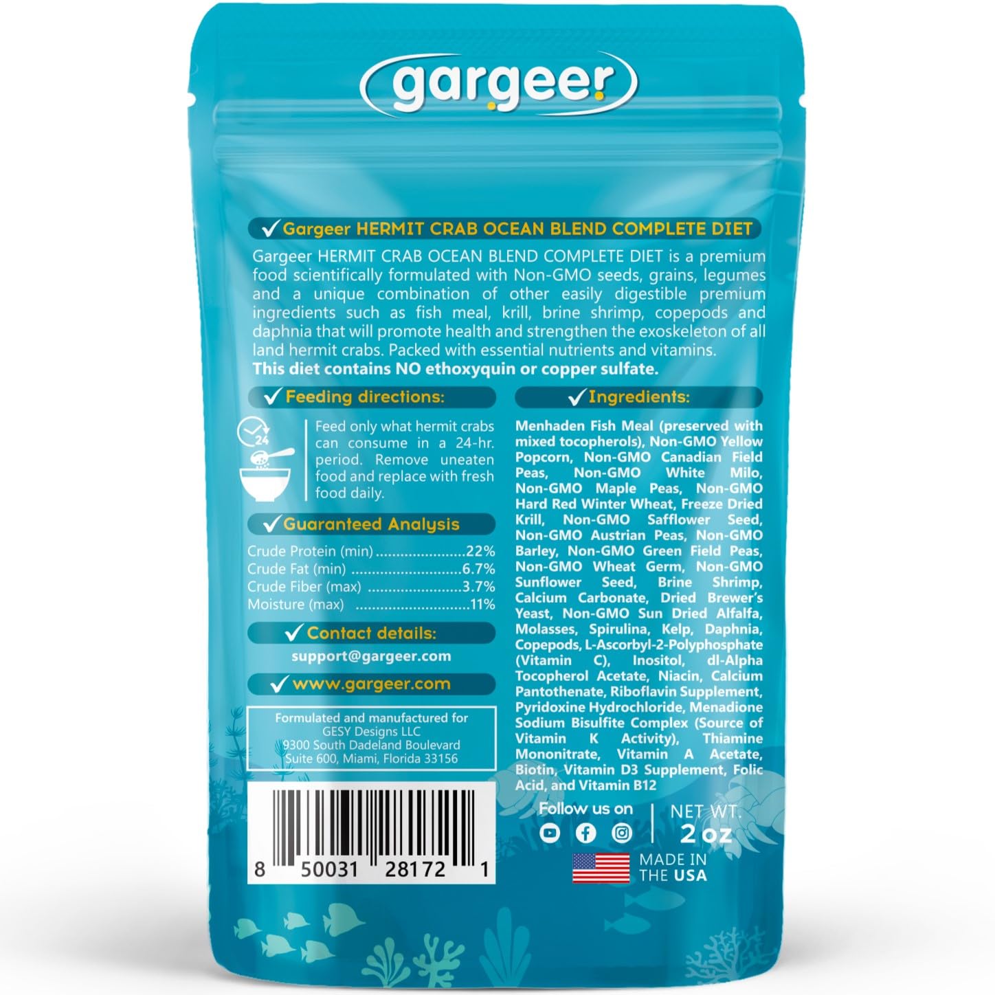 Gargeer mezcla oceano para cangrejo ermitaño con ingredientes krill para vitalidad.