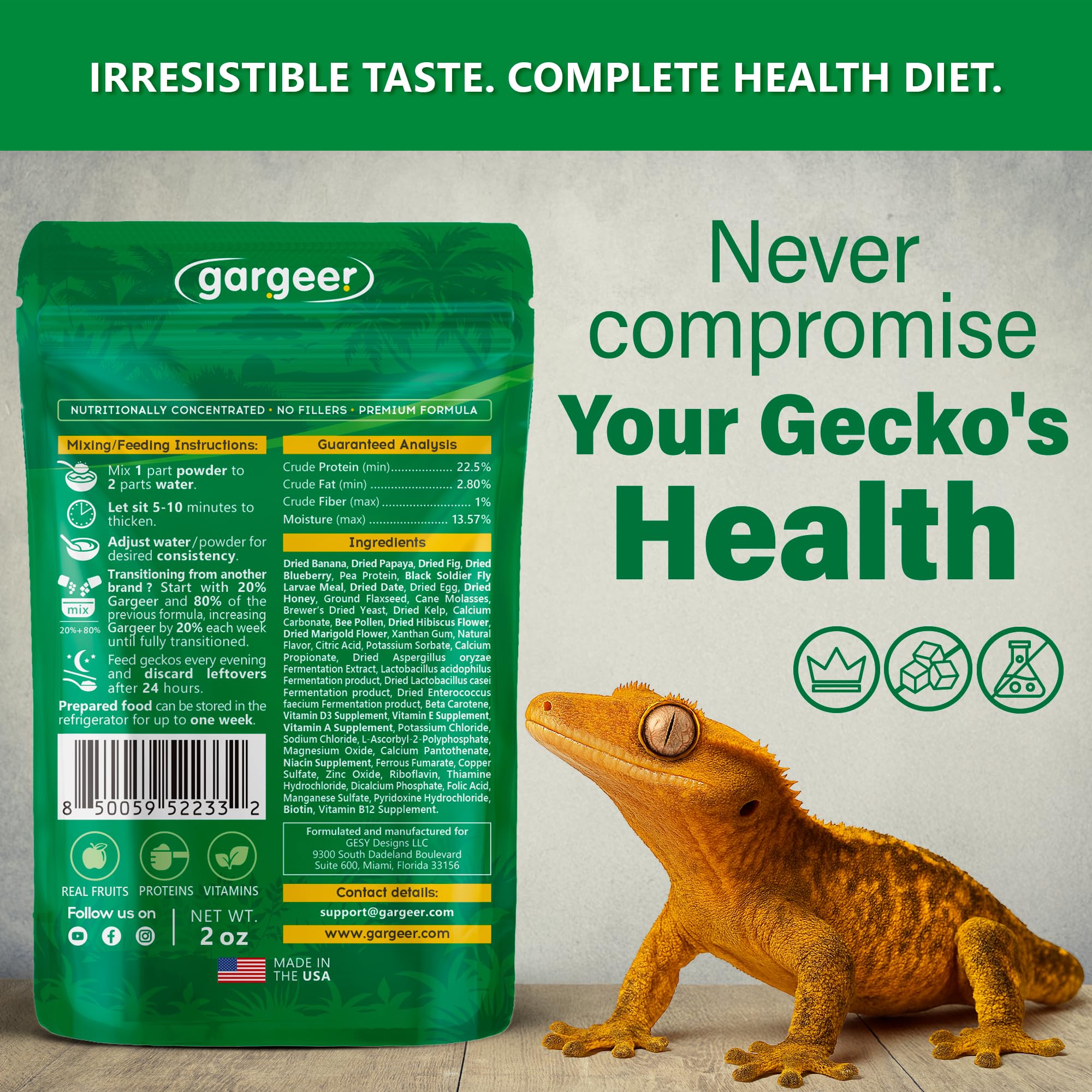 Gargeer Picky Geck Rainforest Mist envase, presentación premium para una dieta equilibrada.