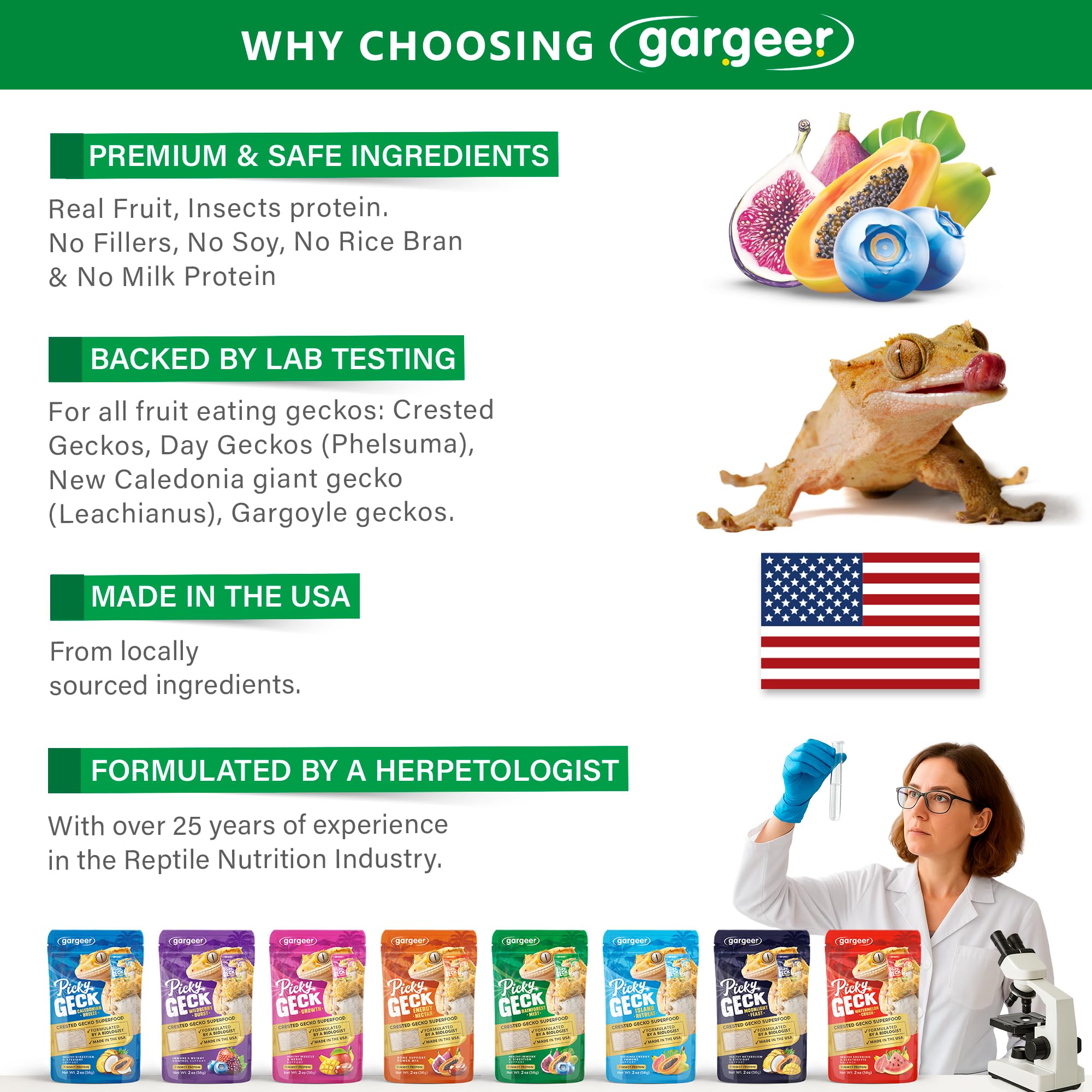 Gargeer Picky Geck Rainforest Mist ingredientes-clave, plátano y higo para la digestión.
