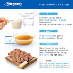 Preparación del gel Gargeer: polvo y agua caliente para obtener textura suave.