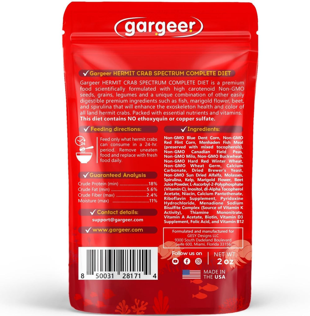 Gargeer Spectrum fuente de proteína y omega para vitalidad del cangrejo ermitaño.
