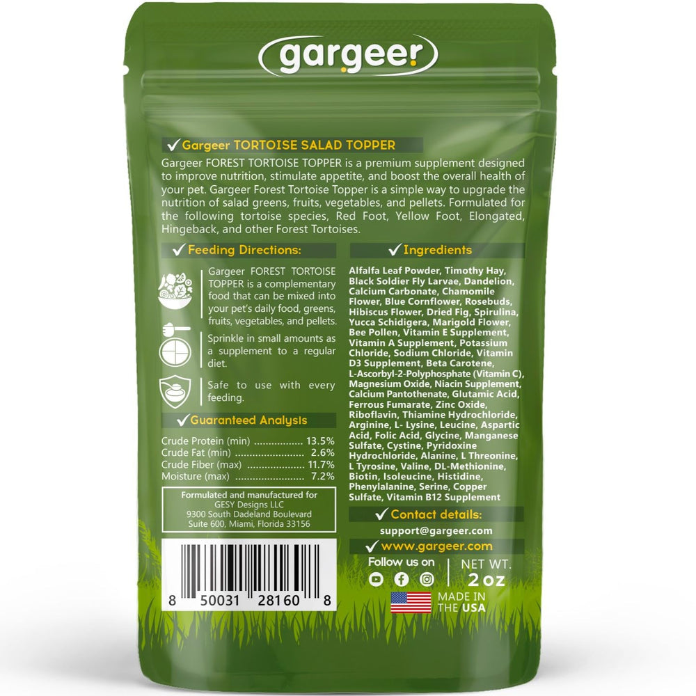 Gargeer agregado para tortugas forestales, empaque visible, complemento premium para la dieta.