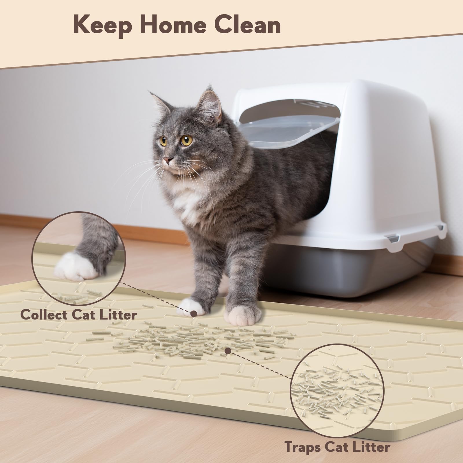 Garoopion mat-gato-silicona-bordes-altos: borde elevado evita derrames cerca de la caja.