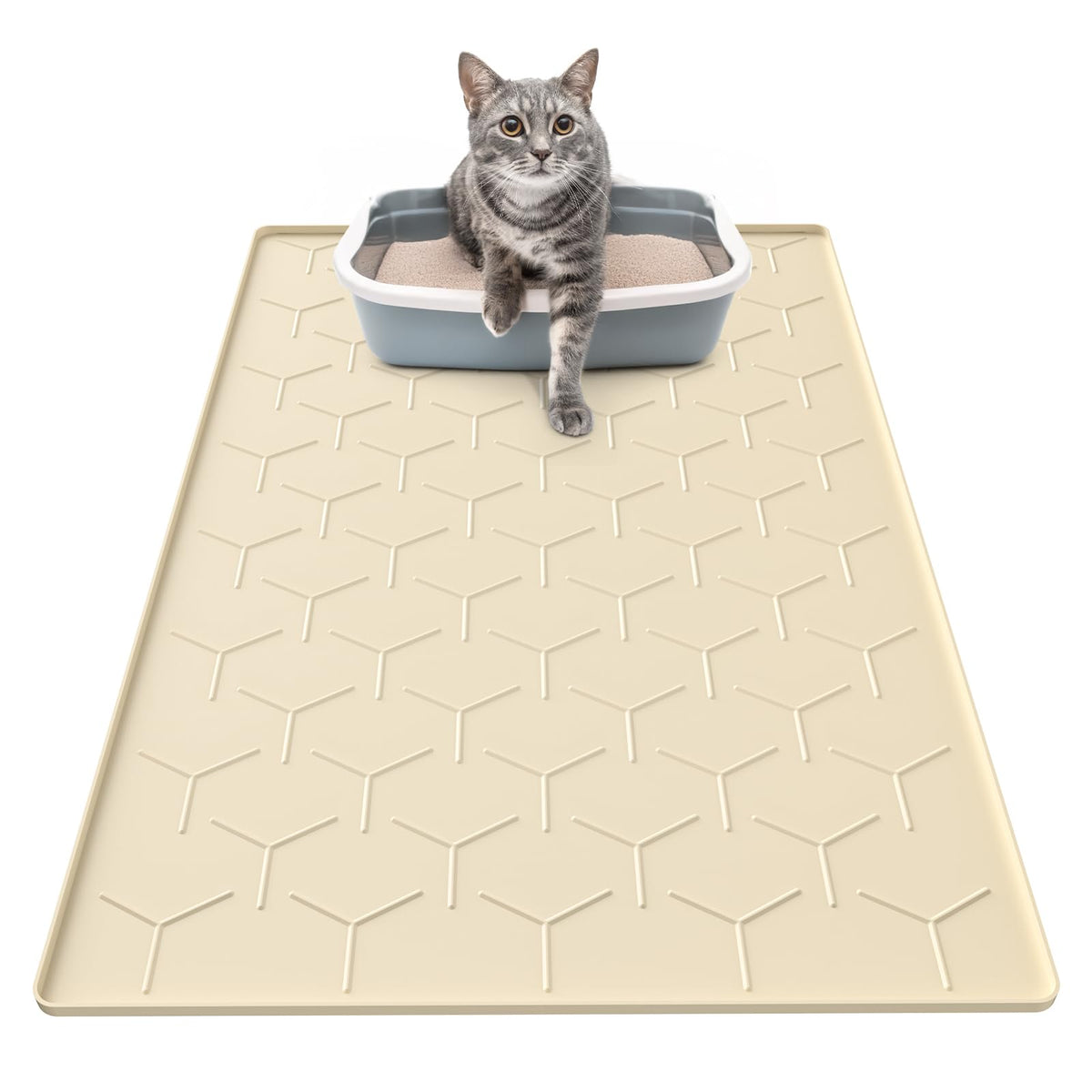 Garoopion mat-gato-silicona-grande-34x22-beige: captura arena y mantiene el suelo limpio.