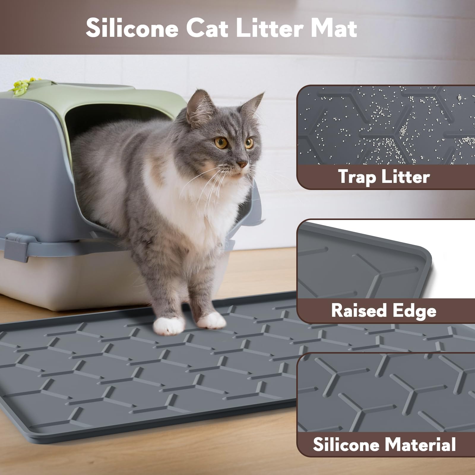 Garoopion Tapete arenero silicona gris bordes elevados retiene derrames.