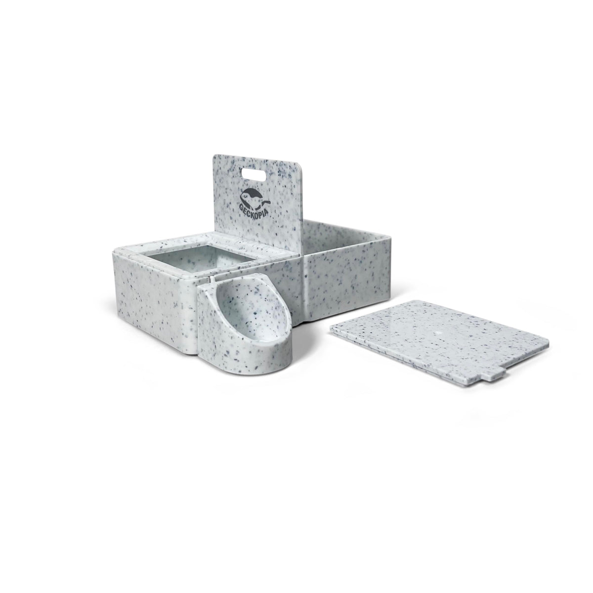 Geckopia Triple Dish Marble, vista frontal, facilita acceso a agua y comida.
