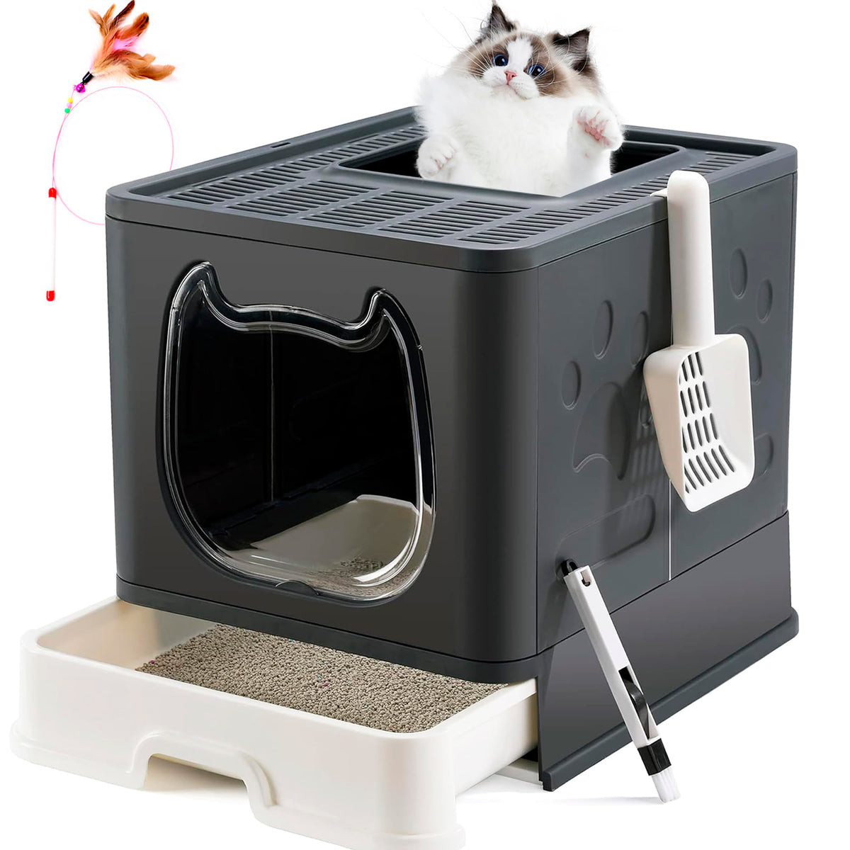 Bandeja Gefryco para gato con tapa frontal y acceso controlado para reducir derrames.