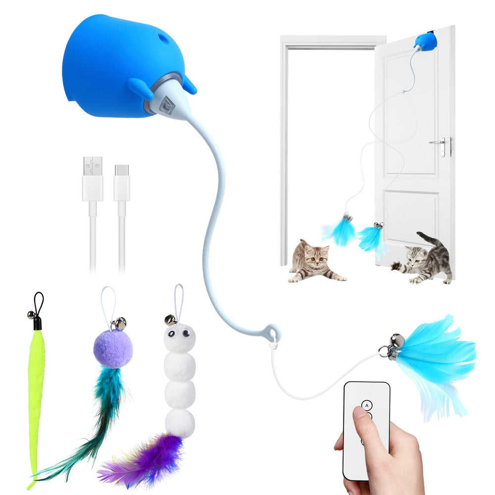 Generic: juguete interactivo colgante para puerta azul en acción para gatos.