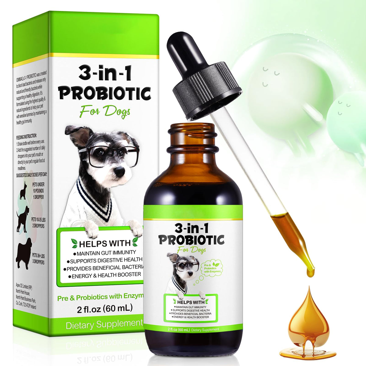Generic Probiotics para perros, botella de dos onzas, apoyo digestivo suave.