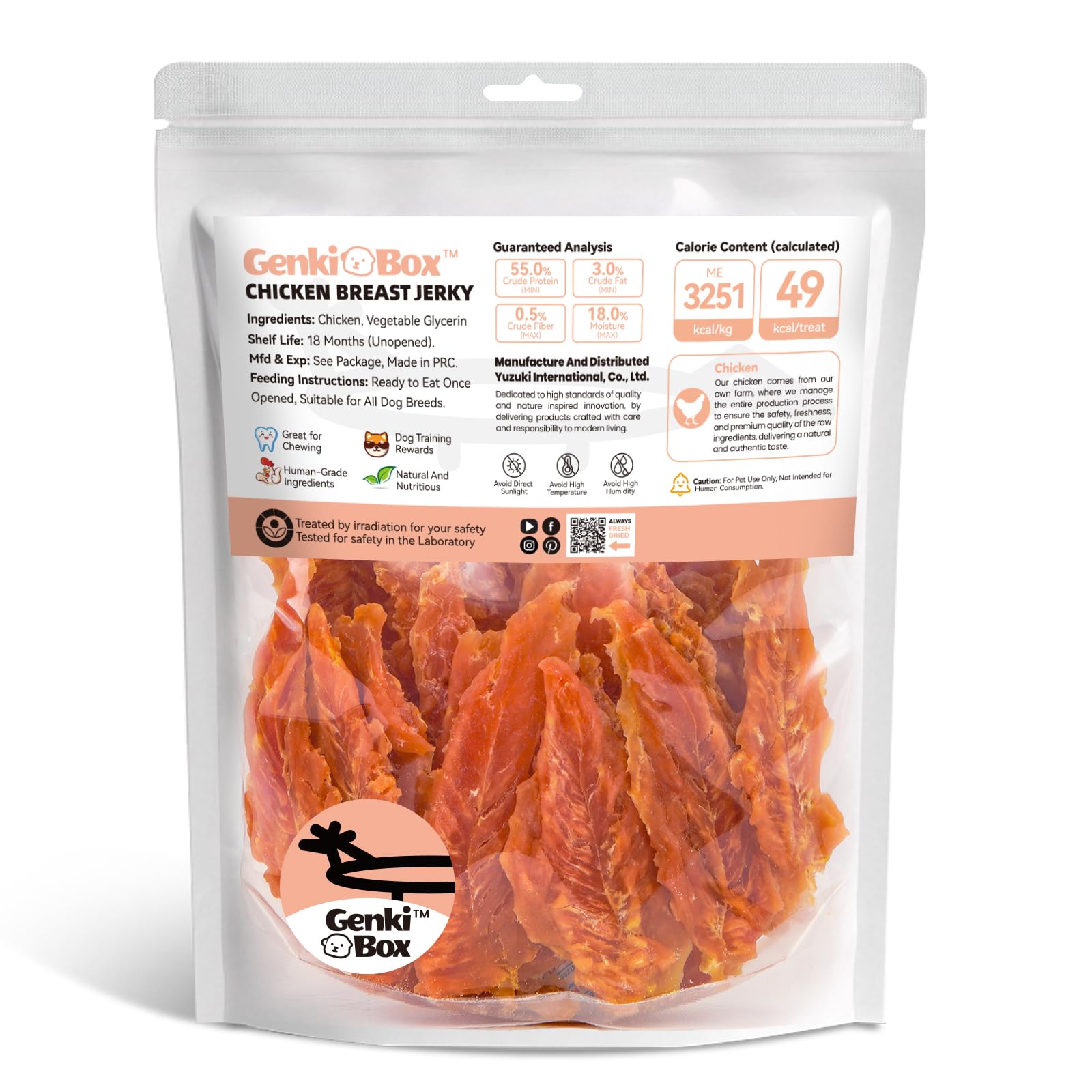 GenkiBox jerky de pollo natural, sin químicos, snack saludable.