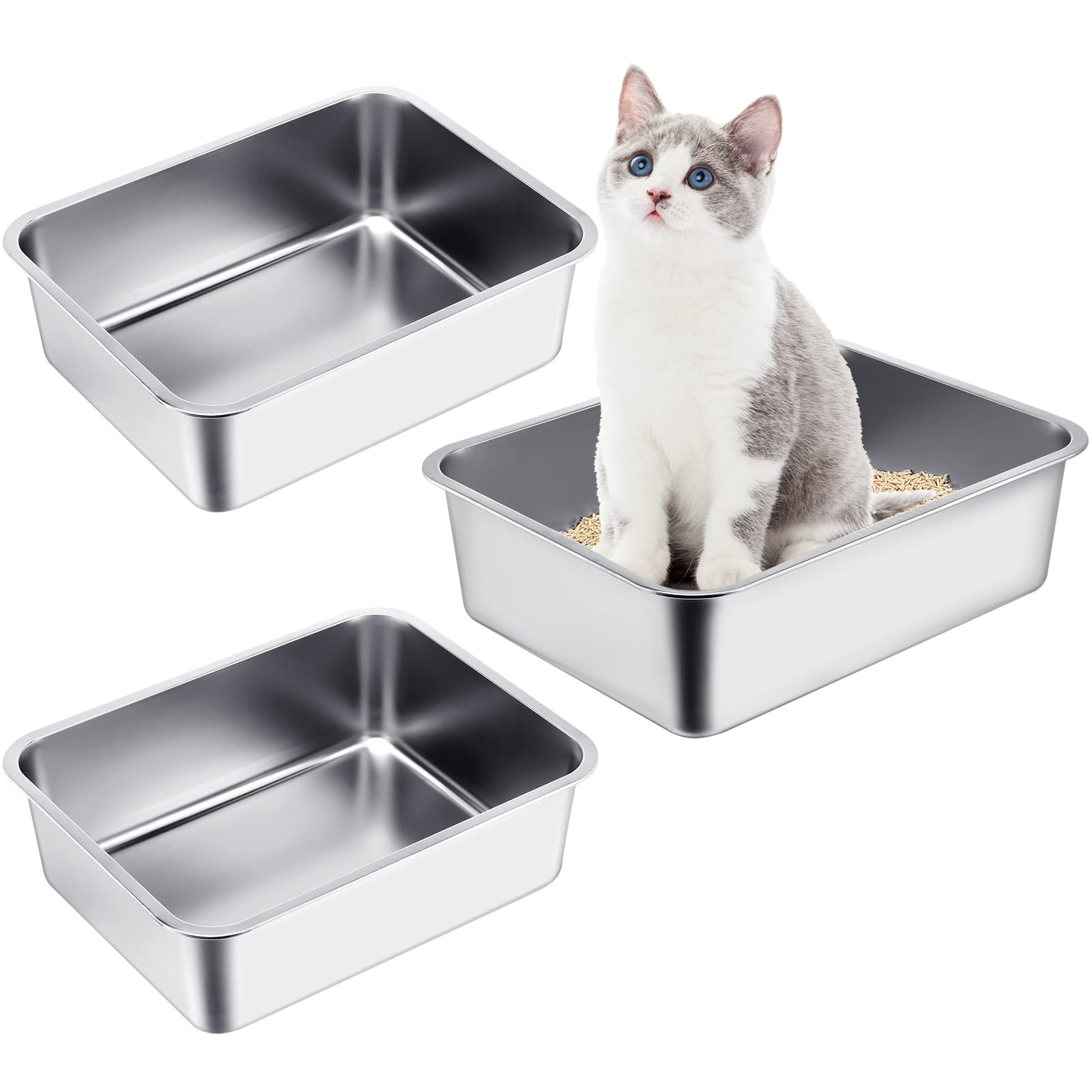 Gerrii triple pack bandejas gato grande en acero inoxidable para varias mascotas
