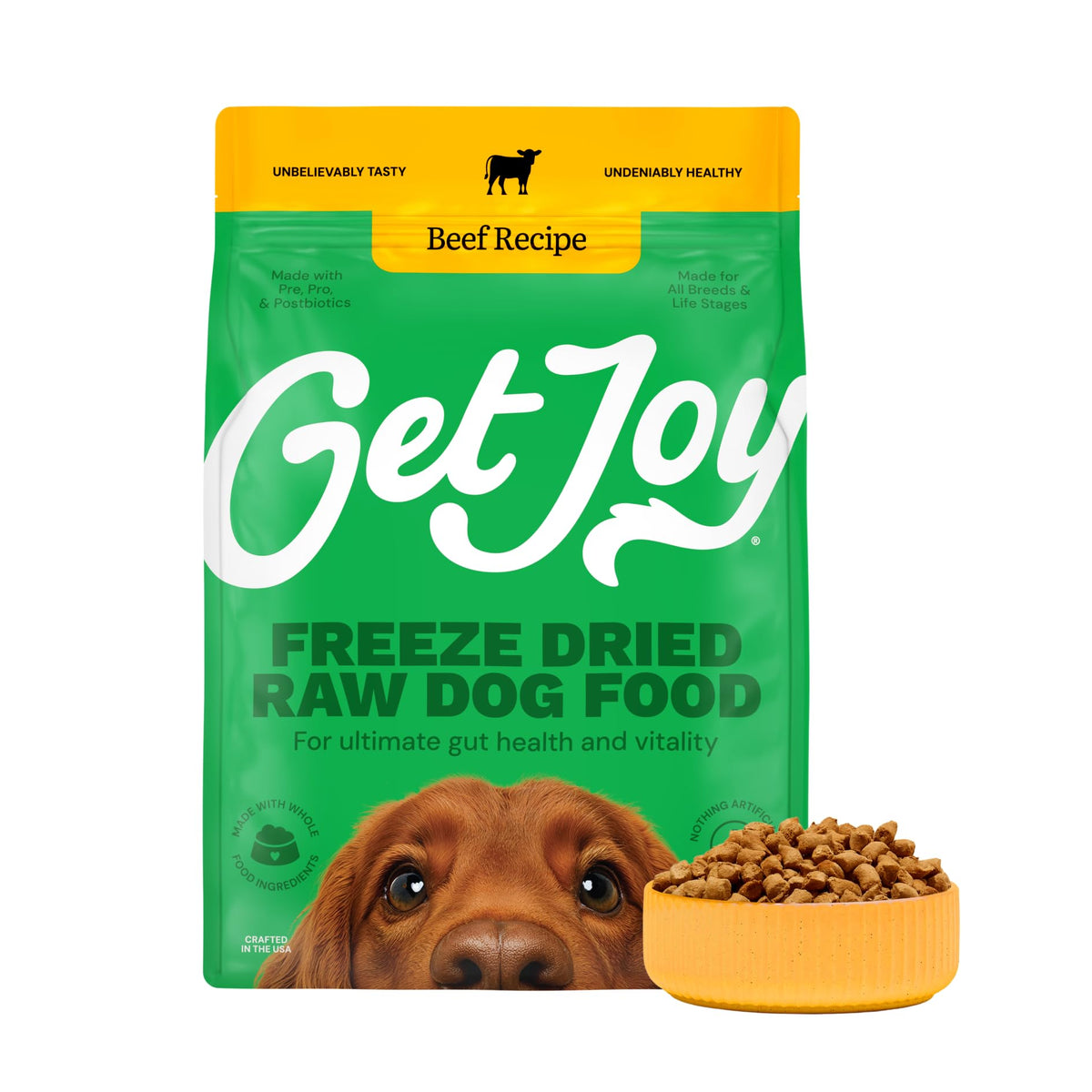 Get Joy res cruda liofilizada, bolsa 32 onzas, nutrición equilibrada para perros.