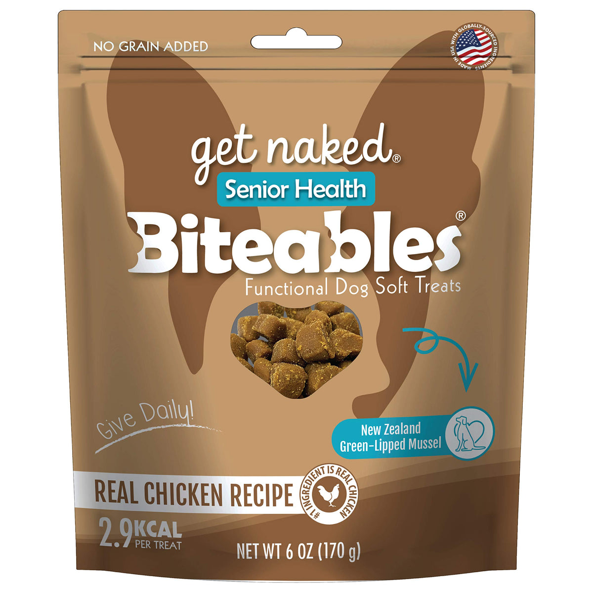 Get Naked Biteables, empaque del producto, recompensa suave para perros mayores