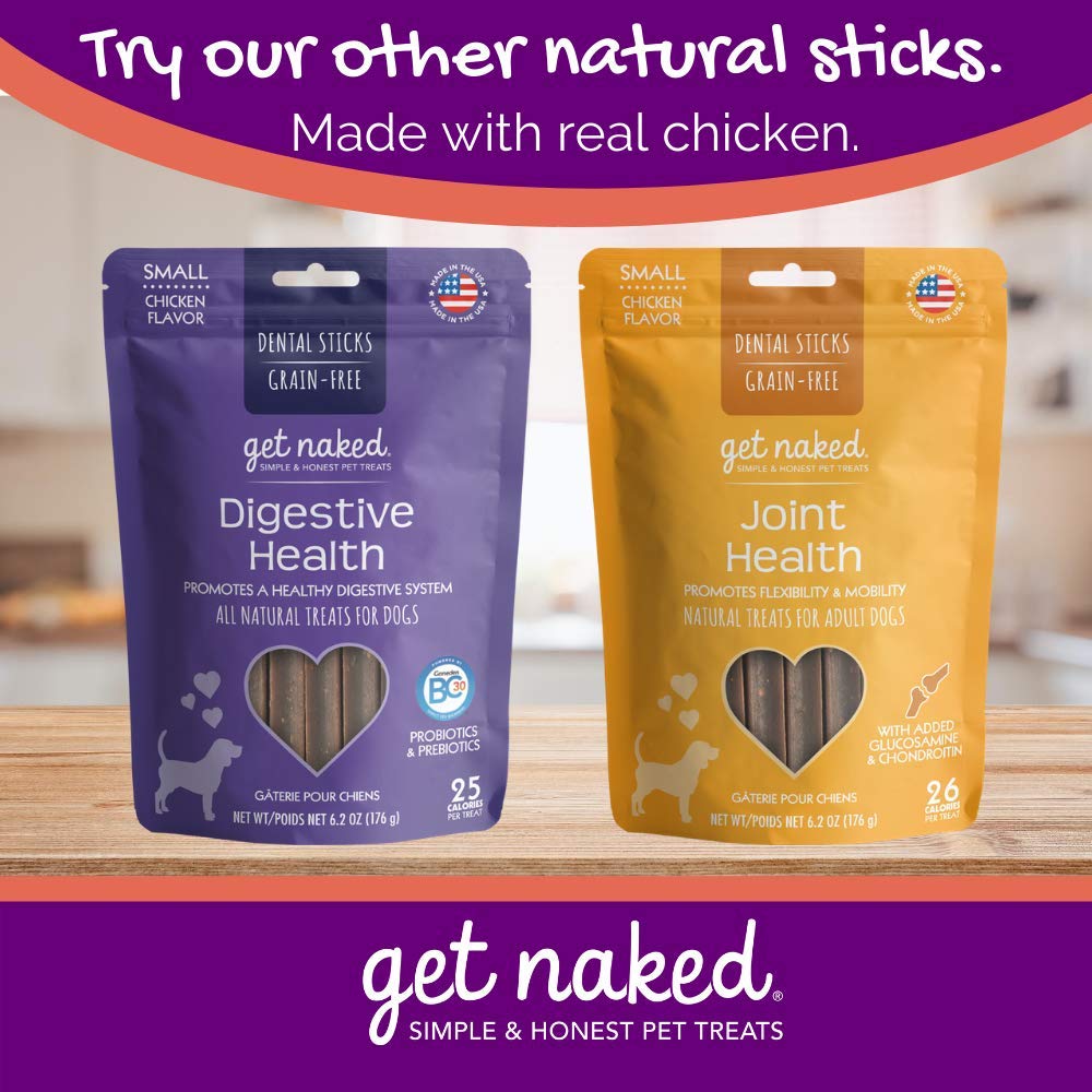 Get Naked palitos dentales sin trigo maíz ni soja para perros pequeños.