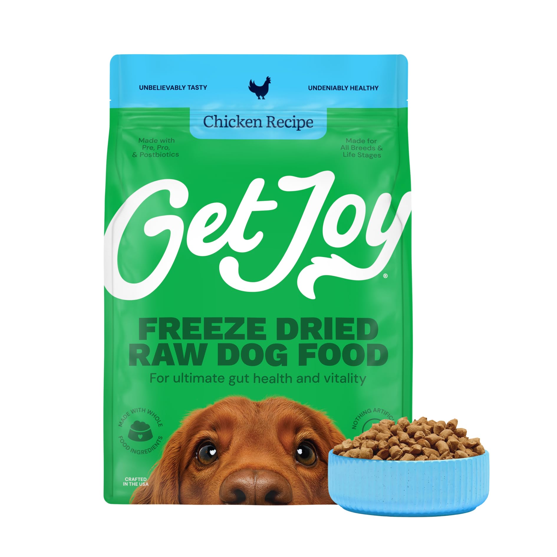 Get Joy bolsa de pollo liofilizado para perros, almacenamiento cómodo y sabor intenso