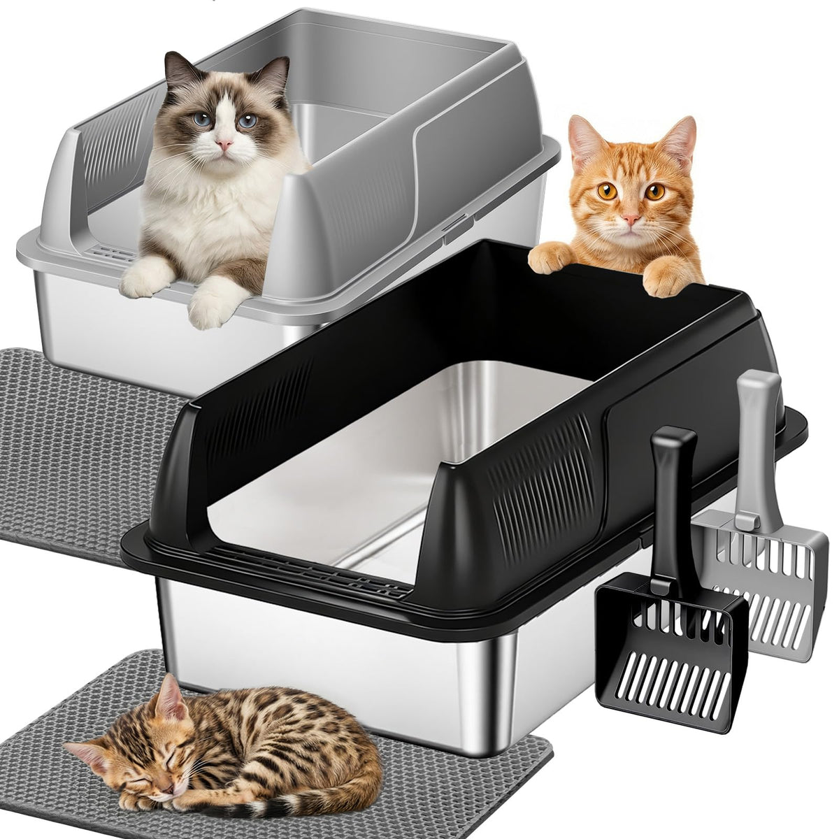 Gimars caja de arena XL en acero inoxidable, espacio amplio para gatos grandes.