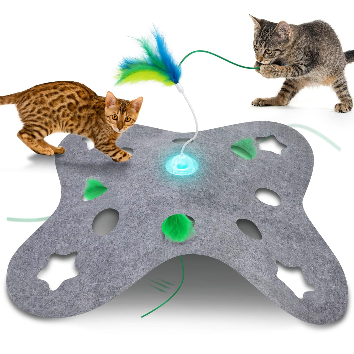 Giociv juguete interactivo para gatos con pluma giratoria y base estable, ideal para juego prolongado.
