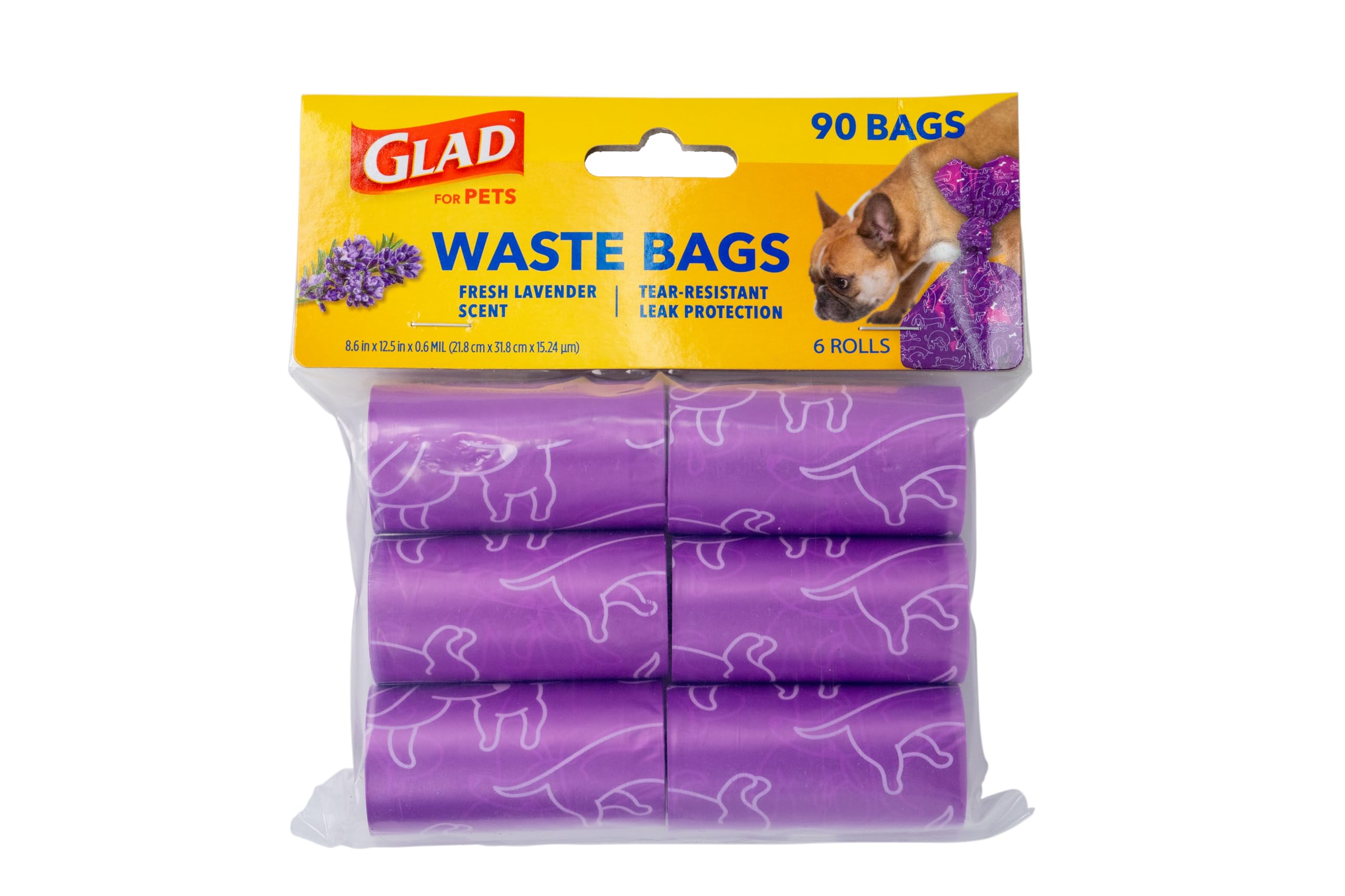 Paquete de 6 rollos de bolsas Glad para mascotas para abastecerse fácilmente.