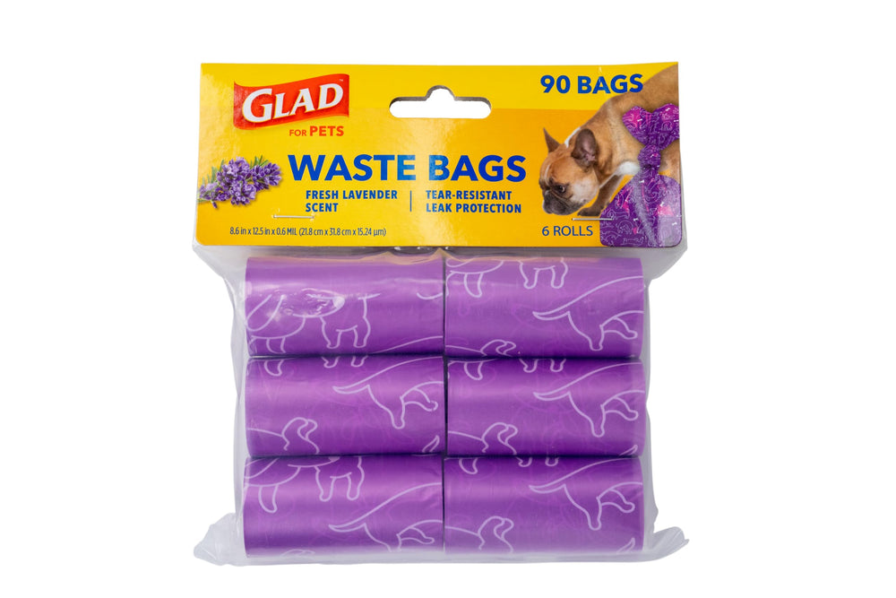 Paquete de 6 rollos de bolsas Glad para mascotas para abastecerse fácilmente.