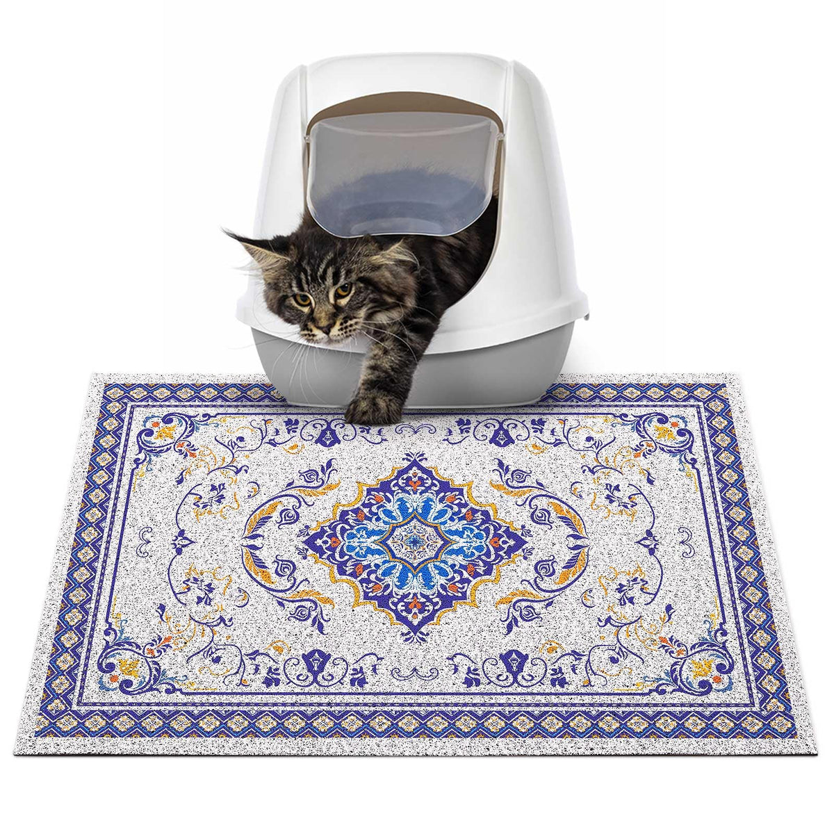 Alfombrilla Glittme para arena de gatos vista superior, protege el suelo y facilita la limpieza.