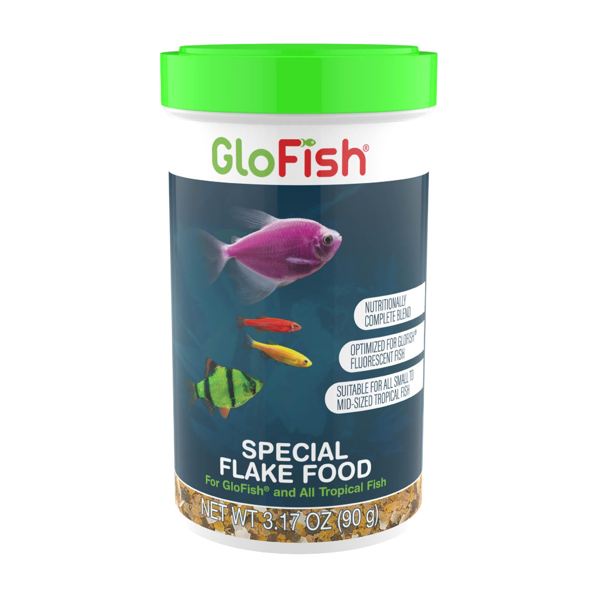 GloFish, alimento en escamas para peces tropicales, favorece crecimiento y colores brillantes.
