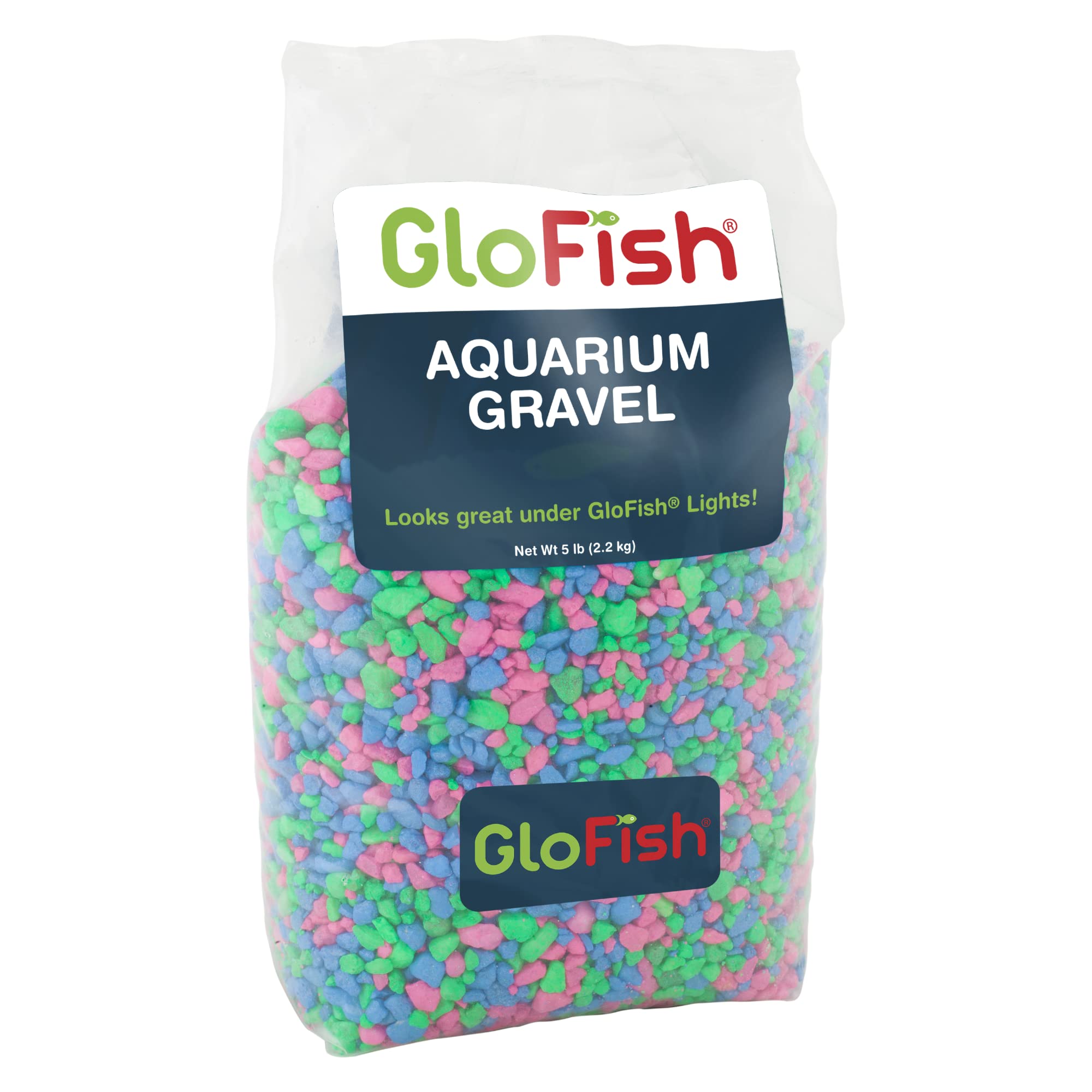 Grava GloFish en mezcla rosa-verde-azul resalta bajo luz azul
