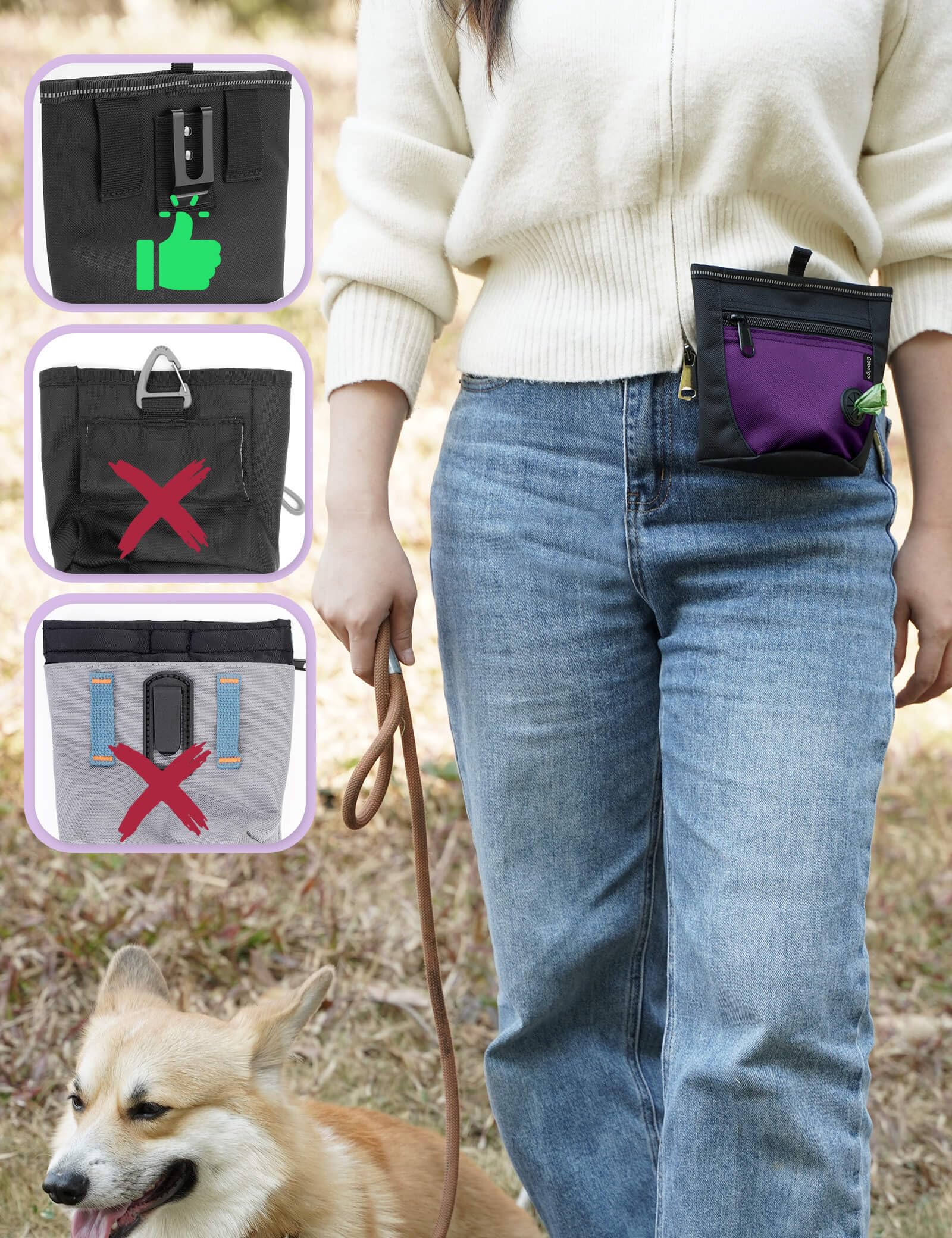 Gobeigo dispensador de bolsas para heces y acceso rápido durante la caminata.