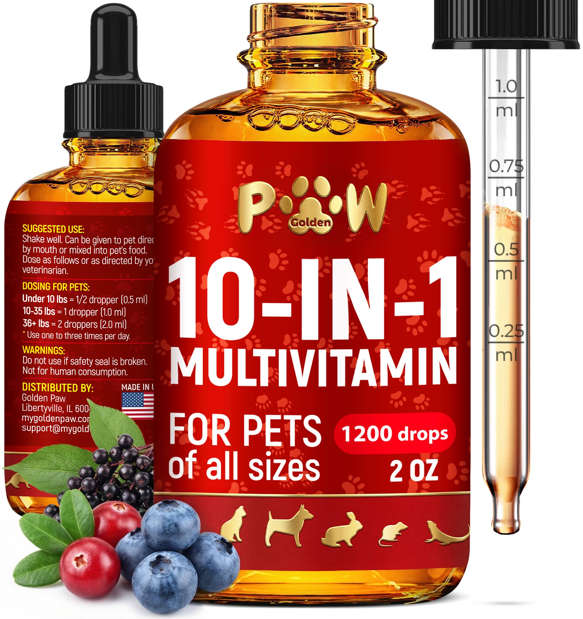 Golden Paw botella-dosis: multivitamínico para perros y gatos, apoyo diario.