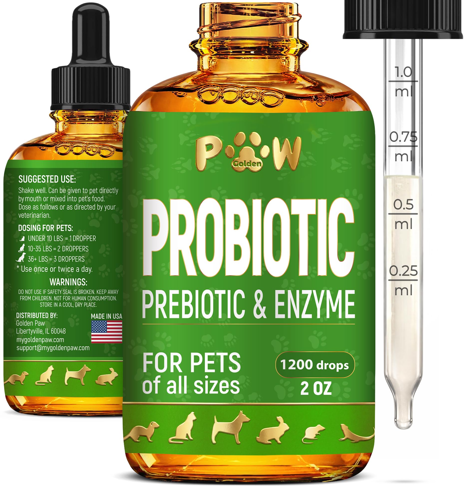 Golden Paw Probioticos liquidos para perros y gatos, apoyo suave a la digestión.