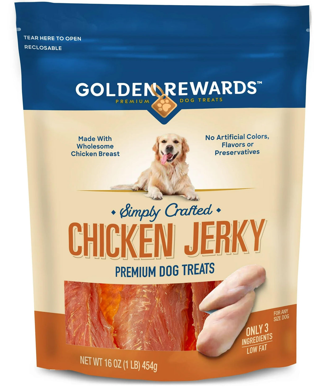 Golden Rewards jerky de pollo en empaque para perros, snack sabroso.