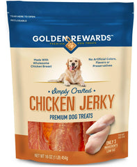 Golden Rewards jerky de pollo en empaque para perros, snack sabroso.