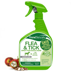 GoneNaturally aerosol antipulgas para perros, enfoque en acción al contacto.