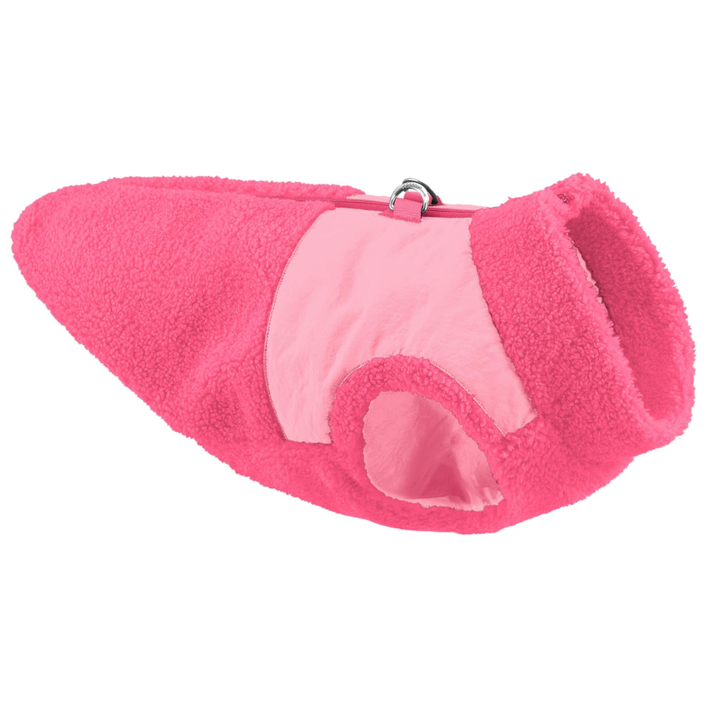 Chaleco Gooby sherpa con cremallera rosa intenso, ofrece abrigo seguro para paseos.