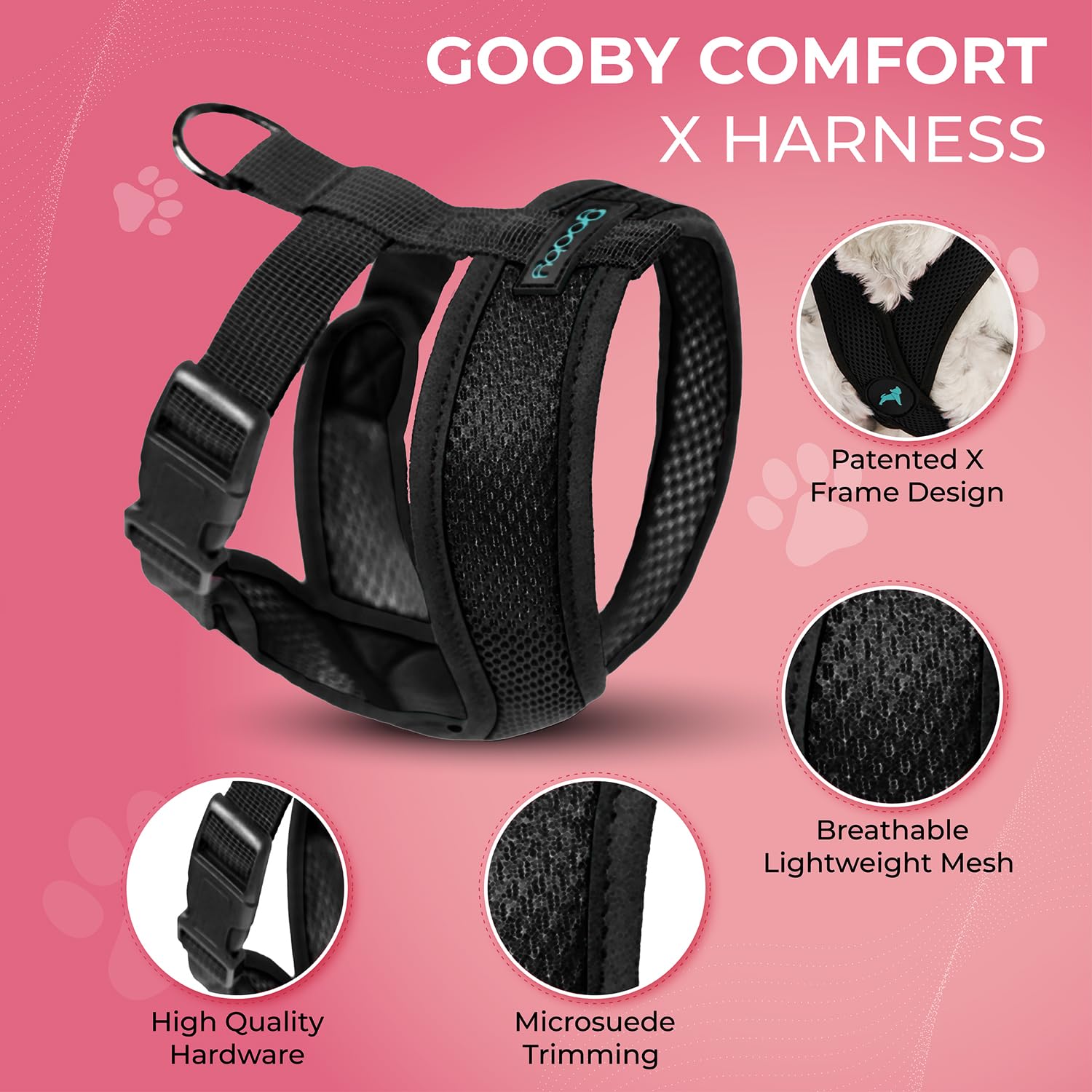 Gooby Comfort X arnés con enganche trasero de metal para mayor seguridad.