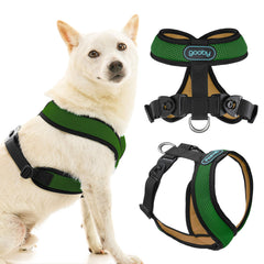 Arnés Gooby Comfort X con malla frontal verde bosque, ideal para paseos sin tirones.
